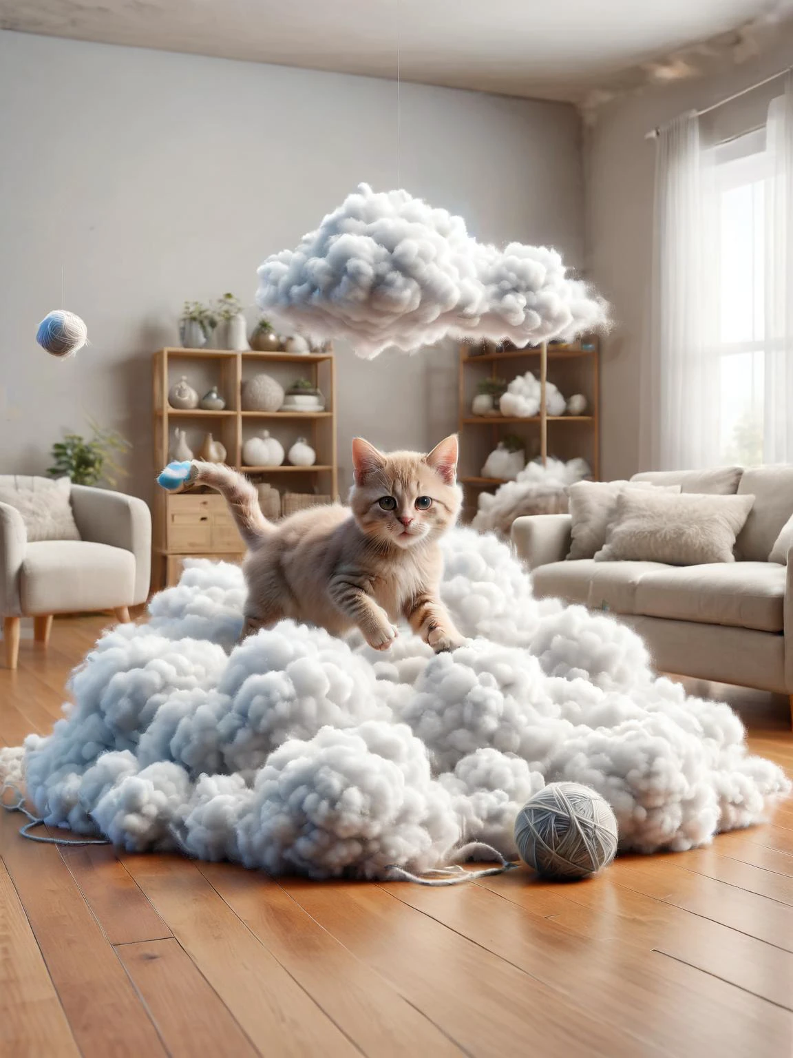 ais-cloudz playful kitten chasing a ball of yarn in a fluffy ais-cloudz filled living room <lora:Cloudz_Style_SDXL:1>