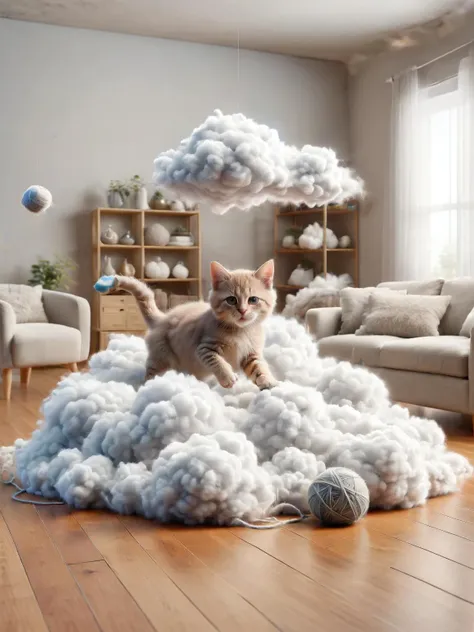 ais-cloudz playful kitten chasing a ball of yarn in a fluffy  ais-cloudz filled living room <lora:Cloudz_Style_SDXL:1>