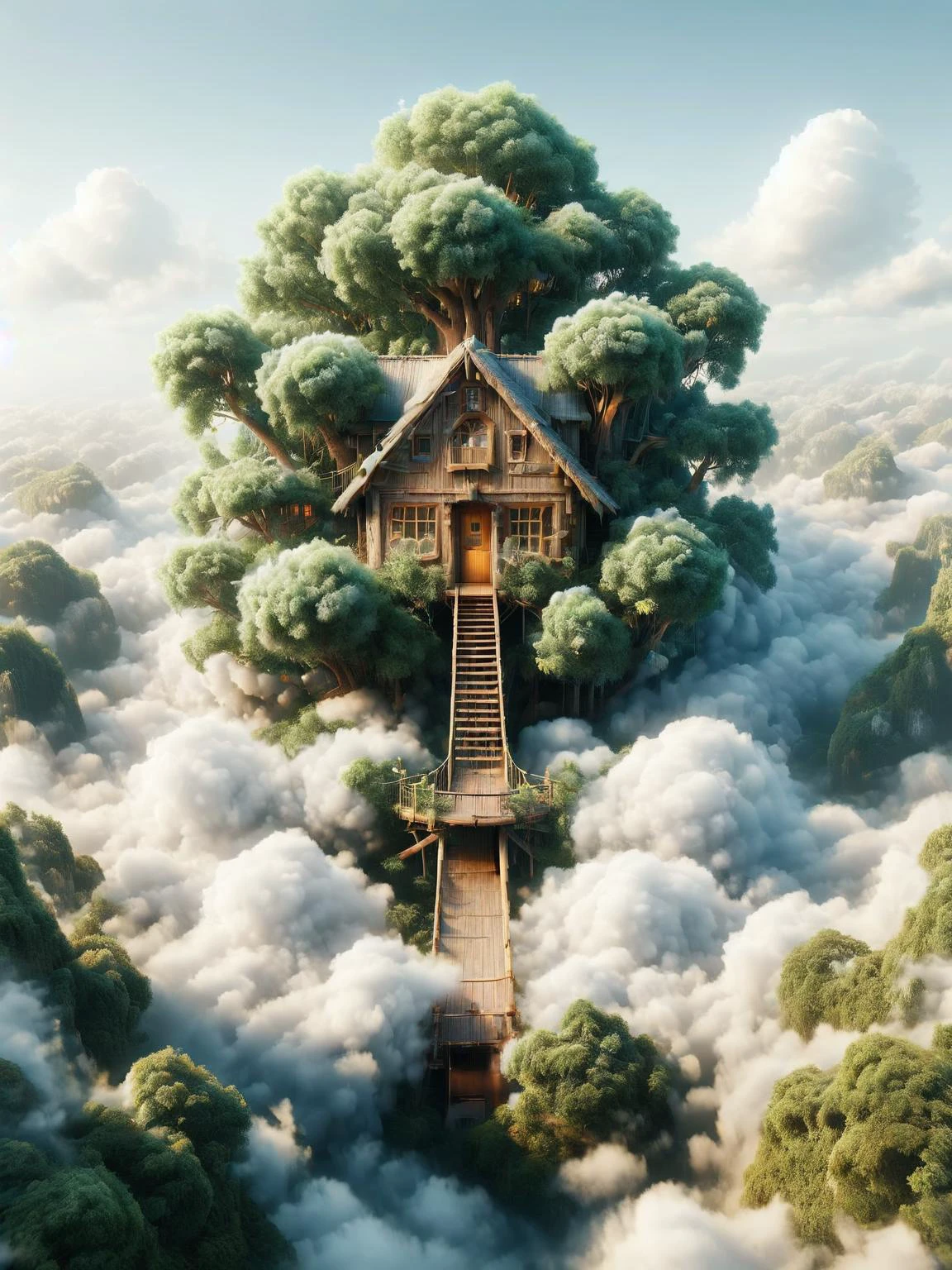 ais-cloudz fanciful treehouse nestled in ais-cloudz like foliage, with bridges connecting to other trees <lora:Cloudz_Style_SDXL:1>