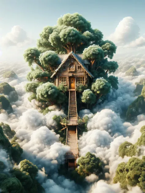 ais-cloudz fanciful treehouse nestled in  ais-cloudz like foliage, with bridges connecting to other trees <lora:Cloudz_Style_SDXL:1>