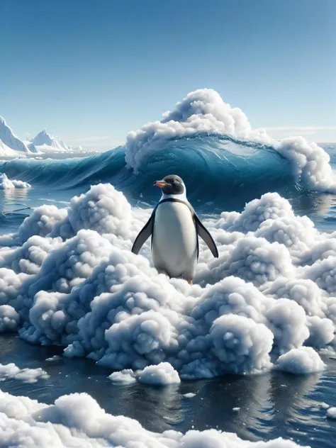 ais-cloudz penguin surfing on a ais-cloudz wave in the sunny Antarctic, other penguins watching <lora:Cloudz_Style_SDXL:1>