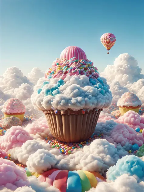 ais-cloudz hot air balloon shaped like a giant cupcake floating over a candy land <lora:Cloudz_Style_SDXL:1>