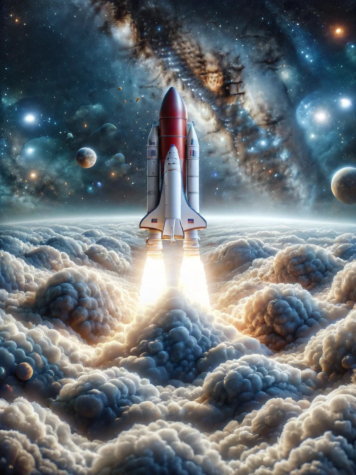 ais-cloudz astronaut riding a rocket through ais-cloudz shaped like planets and stars <lora:Cloudz_Style_SDXL:1>