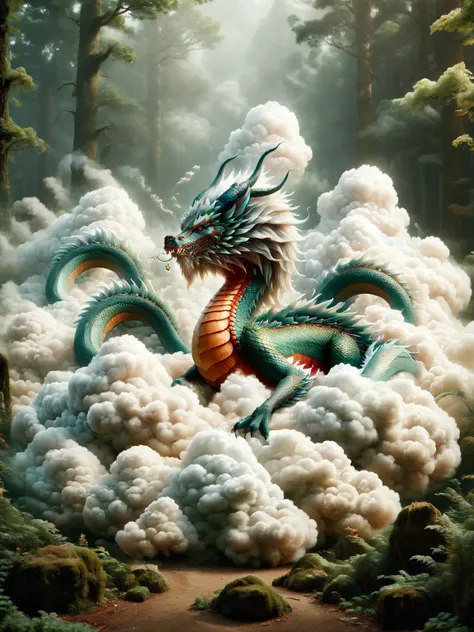 ais-cloudz whimsical dragon playfully puffing ais-cloudz shaped smoke rings in a mystical forest <lora:Cloudz_Style_SDXL:1>