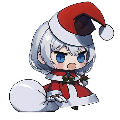 (red mouth:1.3),(red santa hat:1.5),(white background:1.3),silver hair,holding sack,chibi,:d,santa hat,padoru meme,<lora:valkyrie_pledge_m6:1>, valkyrie pledge, (masterpiece:1.2), (best quality:1.3), ultradetailed, lens_flare, motion_blur, colorful, hdr, uncensored,  1girl, extremely delicate and beautiful girl, standing, light smile, holy <lora:padoru_meme:1>,(The braid hangs on the left shoulder:1.2),blue eye