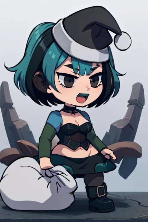 (masterpiece, best quality:1.2), <lora:padoru_meme:.95>, padoru meme, holding sack,chibi,:d,santa hat, <lora:gwentd:0.95> gwentd, makeup, bangs, choker, long sleeves, corset, midriff, pantyhose, skirt, boots