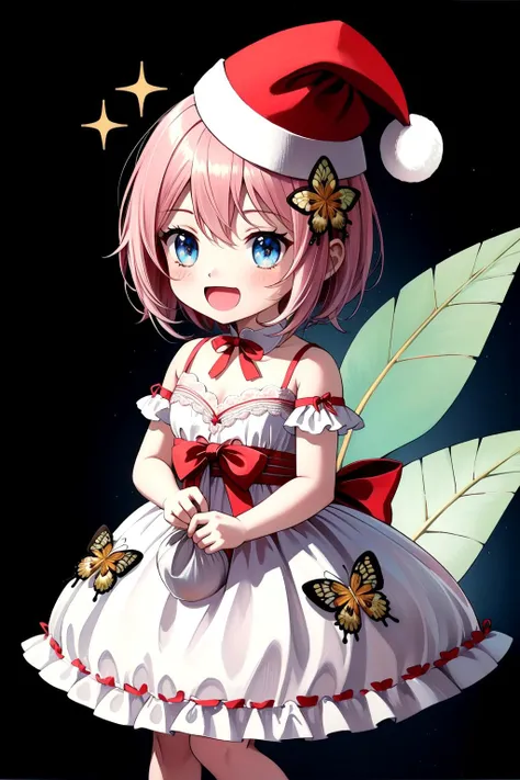 sparkle hair ornament,bee girl,flower trim,mosquito girl,flower swing,taut dress,himejoshi,wet and messy,summer festival,lace-trimmed dress,lace bra,tsumami kanzashi,alice-type underwear,dress flower,butterfly print,arthropod girl,print male underwear,in-universe location,see-through skirt,tail flower,<lora:padoru_meme:0.8>, padoru meme,holding sack,chibi,:d,santa hat,
