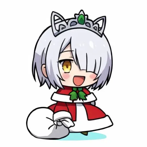 masterpiece, best quality, <lora:padoru_meme:1>, padoru meme, holding sack, chibi, :d, tiara, red santa costume, <lora:CharWestia768V3:0.7>, 1girl, charwestia, short hair, white hair, hair over one eye, yellow eyes