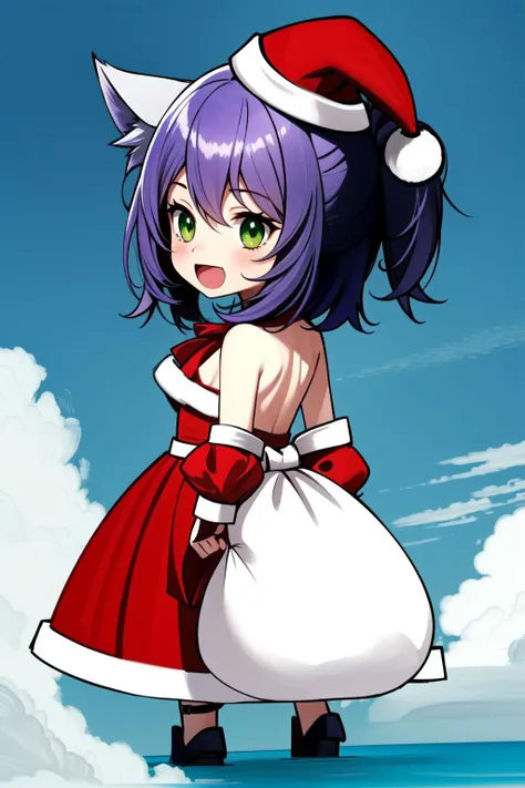 backless outfit,masterpiece,purple hair,green eyes,cat girl,<lora:padoru_meme:0.8>, padoru meme,holding sack,chibi,:d,santa hat,