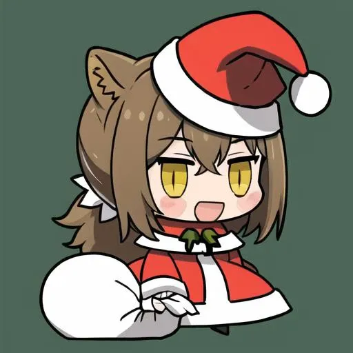 masterpiece, best quality, <lora:padoru_meme:1>, padoru meme, holding sack, chibi, :d, santa hat, santa costume, <lora:Robin768V3:0.7> 1girl, robin \(arknights\), long hair, brown hair, raccoon ears, ponytail, yellow eyes