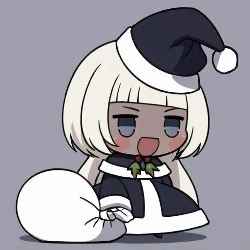 masterpiece, best quality, <lora:padoru_meme:1>, padoru meme, holding sack, chibi, :d, santa hat, santa costume, <lora:Charon576V1:0.7> 1girl, charonlora, (dark skin), long hair, low twintails, grey hair, blunt bangs, grey eyes, half-closed eyes