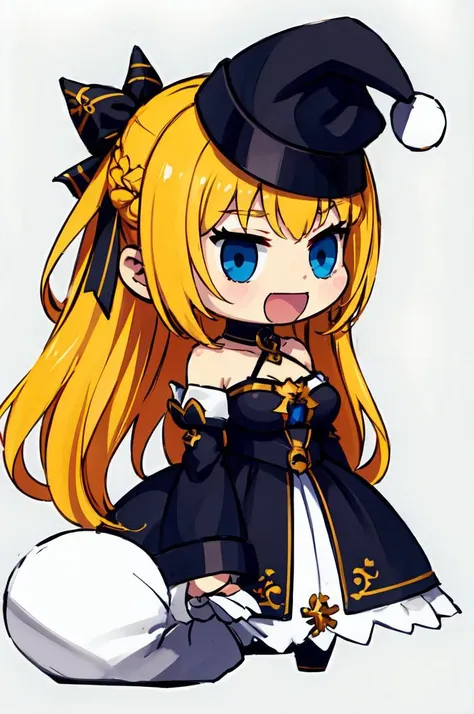 <lora:padoru_meme:1> padoru meme, holding sack,chibi,:d,santa hat,, ultra detailed, masterpiece, best quality, solo, soft smile, light smile,
1girl, blue eyes, very long hair, blonde hair, long blonde hair, french braid, bangs, medium breasts,
hair ribbon, frilled choker, criss-cross halter, sleeveless dress, high-waist skirt, backless dress, waist bow, detached sleeves, frilled sleeves, wide sleeves, pantyhose, patterned legwear, mary janes,