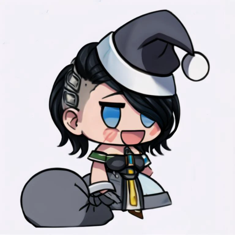 <lora:padoru_meme:1> padoru meme, 1girl,(simple white background),<lora:angel_(borderlands):.95>, angel (borderlands), 1girl, solo, black hair, hair over one eye, wink, breasts, tattoo, asymmetrical hair, makeup, undercut, arm tattoo, blue eyes, santa hat, :d,> <,holding sack <lora:Lola_Chuil_LORA:0.1>