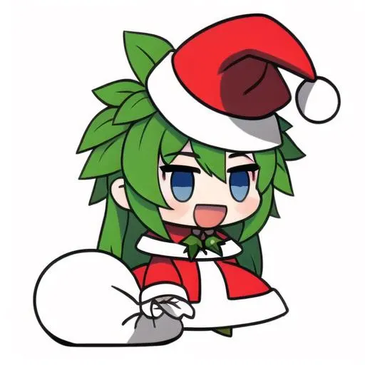 masterpiece, best quality, <lora:padoru_meme:1>, padoru meme, holding sack, chibi, :d, santa hat, red santa costume, <lora:kii_monster-musume:0.8>, 1girl, solo, plant girl, jelokii, very long hair, leaf, blue eyes