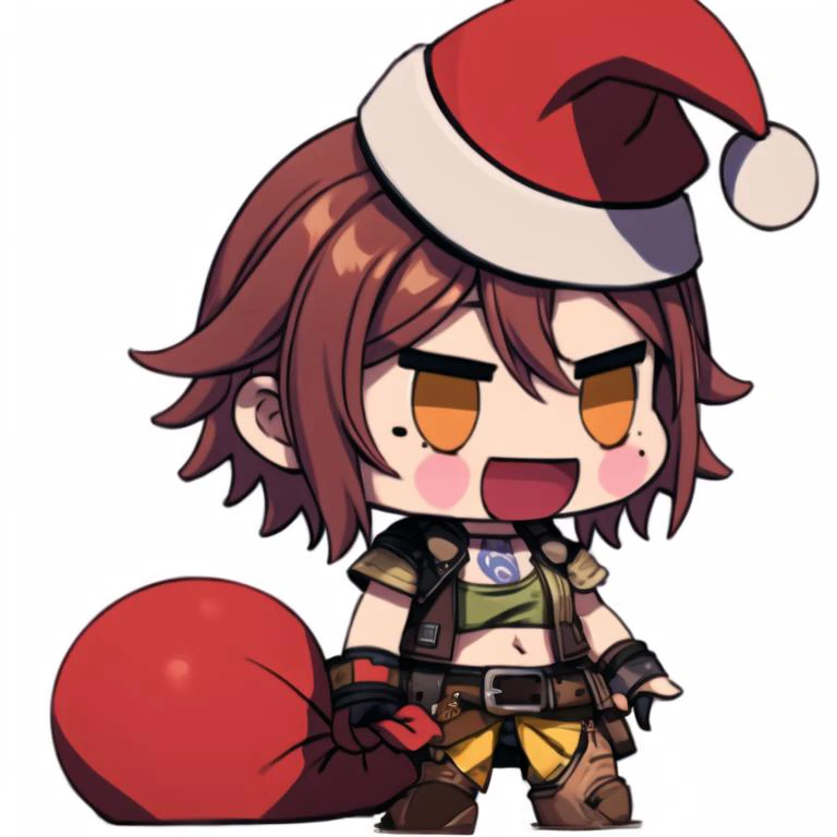 <lora:padoru_meme:1> padoru meme, 1girl,white background,<lora:lilith_(borderlands):0.8>, lilith (borderlands),fingerless gloves, red hair, yellow eyes, makeup, lipstick, mole, short hair, mole under mouth, fur trim, collarbone, open jacket, arm tattoo, mole above mouth, brown jacket, crop top, black gloves, open clothes, brown pants, stomach, fur-trimmed jacket, buckle, cropped vest, mascara, denim, santa hat, :d,> <,holding sack