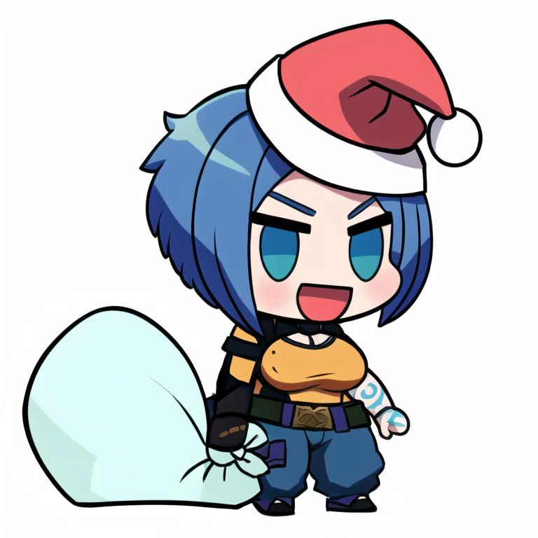 <lora:padoru_meme:0.85> padoru meme, 1girl,white background,<lora:maya_(borderlands_2):0.8> maya (borderlands 2), 1girl, solo, tattoo, short hair, blue hair, breasts, makeup, gloves, pants, belt, lipstick, large breasts, blue lips, science fiction, denim, single glove, bodysuit, jeans,, santa hat, :d,> <,holding sack
