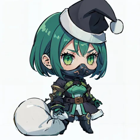 <lora:viper-nvwls-ver2-final:0.8> valorantViper, green eyes,green hair, bodysuit, gloves, belt, thigh boots, respirator, <lora:padoru_meme:0.8> padoru meme, holding sack,chibi,:d,santa hat