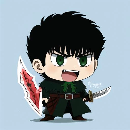 1boy,solo,guts \(berserk\),padoru meme,holding sword,chibi,:d, <lora:padoru_meme:0.6>