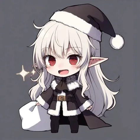 masterpiece, best quality, solo, 1girl, winter, detailed eyes, sparkles, night, 
<lora:CosmicEyes:0.4>, cosmieyes, glowing, light particles, 
<lora:padoru_meme:0.4> , padoru meme, santa hat, solo, chibi, christmas, sack, santa costume, holding, fur trim, smile, open mouth, long sleeves, blush stickers, bangs, long hair 
 <lora:chara_SoloMaxLevelNewbie_Ophelia_v2:0.6> , ophelia, vampire, white hair, long hair, red eyes, pointy ears, ascot, black coat, black dress, fur, (open clothes:1.2), belt.
<lora:add_detail:0.2> ,