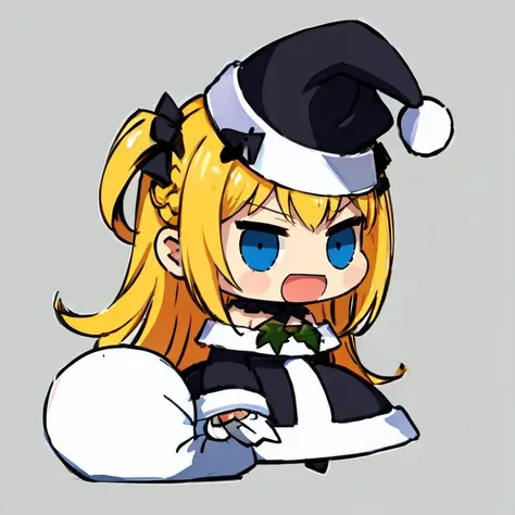 <lora:padoru_meme:1> padoru meme, holding sack,chibi,:d,santa hat,, ultra detailed, masterpiece, best quality, solo, soft smile, light smile,
1girl, blue eyes, very long hair, blonde hair, long blonde hair, french braid, bangs, medium breasts,
hair ribbon, frilled choker, criss-cross halter, sleeveless dress, high-waist skirt, backless dress, waist bow, detached sleeves, frilled sleeves, wide sleeves, pantyhose, patterned legwear, mary janes,