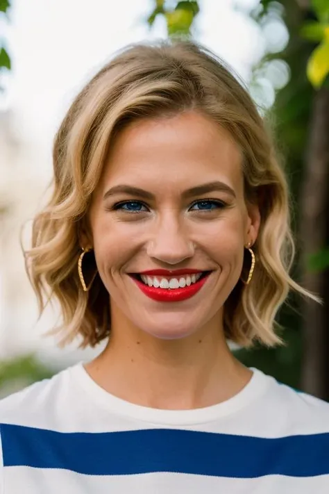 <lora:j4nu4ryj0n3s:1>, Realistic full body photo of a beautiful j4nu4ryj0n3s woman, 1girl, solo, looking at viewer, smile, blue eyes, blonde hair, simple background, shirt, jewelry, earrings, teeth, striped, grey background, grin, makeup, piercing, portrait, striped shirt, realistic, red lips, soft lighting, professional Photography, Photorealistic, detailed, RAW, analog, sharp focus, 8k, HD, DSLR, high quality, Fujifilm XT3, film grain, award winning, masterpiece