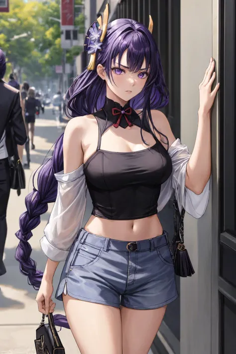 raiden shogun, adult woman strict and serious, long hair, braided ponytail, purple eyes, purple hair, Beverly Hills fashion street walk, shorts, tube top, <lora:add_detail:0.7> <lora:raiden_shogun_off-1:0.7>