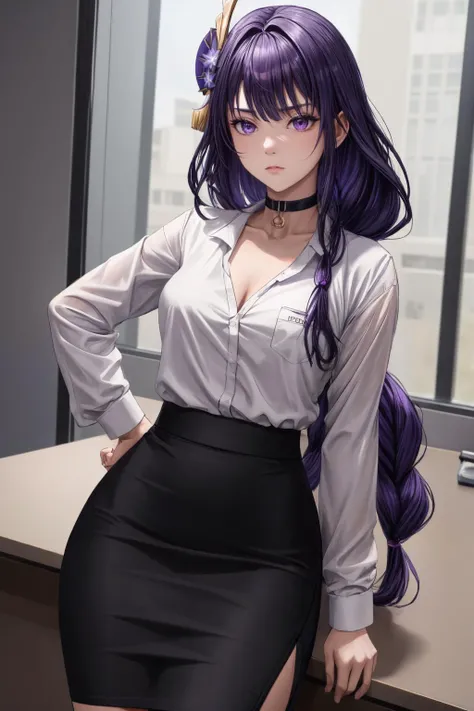 raiden shogun, adult woman strict and serious, long hair, braided ponytail, purple eyes, purple hair, office theme, white blouse, black bra, choker, black pencil skirt, name tag, <lora:add_detail:0.7> <lora:raiden_shogun_off-1:0.7>