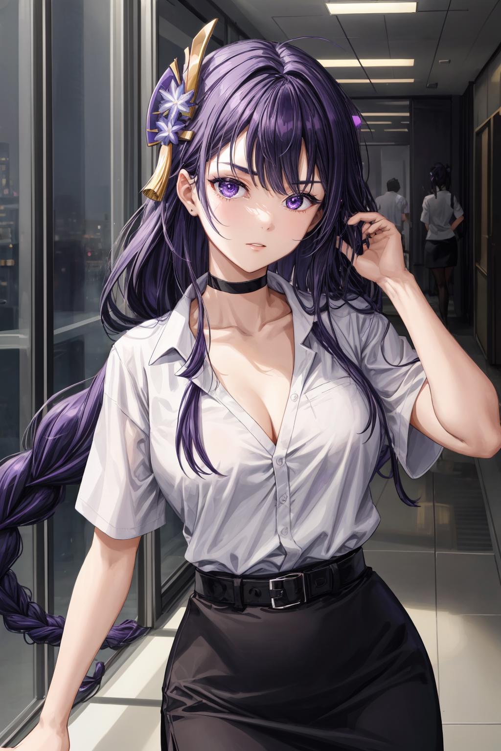 A woman with long purple hair and a white shirt is standing in a ...