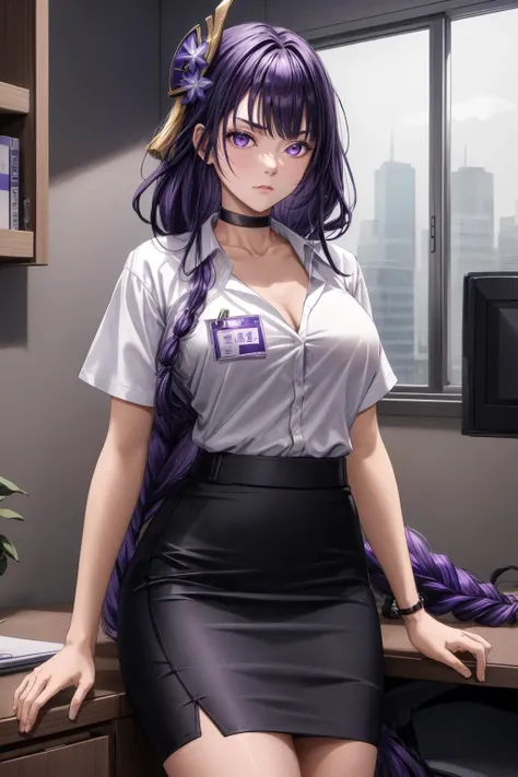 raiden shogun, adult woman strict and serious, long hair, braided ponytail, purple eyes, purple hair, office theme, white shirt, short sleeves, black bra, choker, black pencil skirt, name tag, <lora:add_detail:0.7> <lora:raiden_shogun_off-1:0.7>