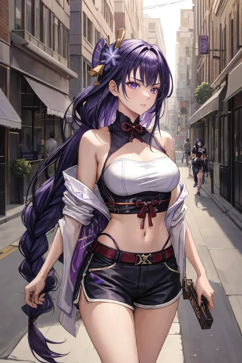 raiden shogun, adult woman strict and serious, long hair, braided ponytail, purple eyes, purple hair, Beverly Hills fashion street walk, shorts, tube top, <lora:add_detail:0.7> <lora:raiden_shogun_off-1:0.7>