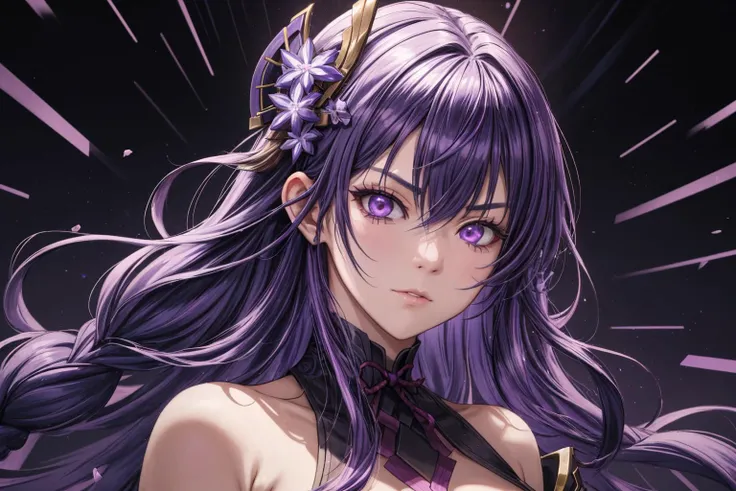 raiden shogun, adult woman strict and serious, long hair, braided ponytail, purple eyes, purple hair, hair ornaments, (masterpiece:1.4, best quality), D cup, chaos, thundering madness, lightings, disaster, action-packed, (intricate details),unity 8k wallpaper, ultra detailed,(pastel colors:1.3), detailed, solo, complex background <lora:add_detail:0.7> <lora:raiden_shogun_off-1:0.7>