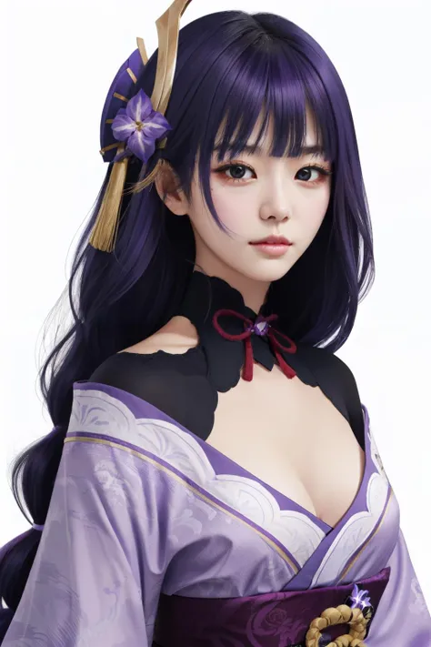 Beautiful woman with purple hair and purple kimono posing naked in home , seductive woman, raiden shogun genshin impact, cosplay