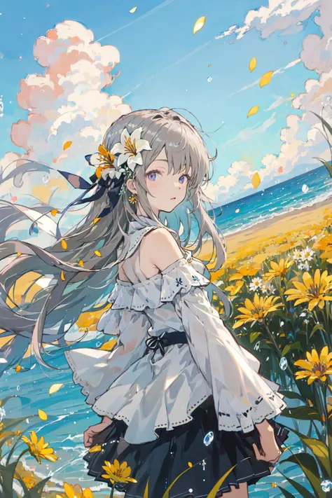 masterpiece,(best quality),highly detailed,illustration,water color,1girl,dynamic angle, (bloom), sunlight,looking at viewer, solo,blue sky,((outside)),1girl, bangs, bare_shoulders, blue_sky, cloud, daisy, field, flower, flower_field, hair_flower, hair_ornament, hibiscus, horizon, lily_\(flower\), long_hair, looking_at_viewer, looking_back, ocean, orange_flower, outdoors, petals, petals_on_liquid, pink_flower, purple_flower, ribbon, scenery, silver_hair, skirt, sky, spider_lily, standing, very_long_hair, water, white_flower, white_shirt, wind, yellow_flower <lyco:takano_otohiko_nai_Lion_18e-4-29:1.0>