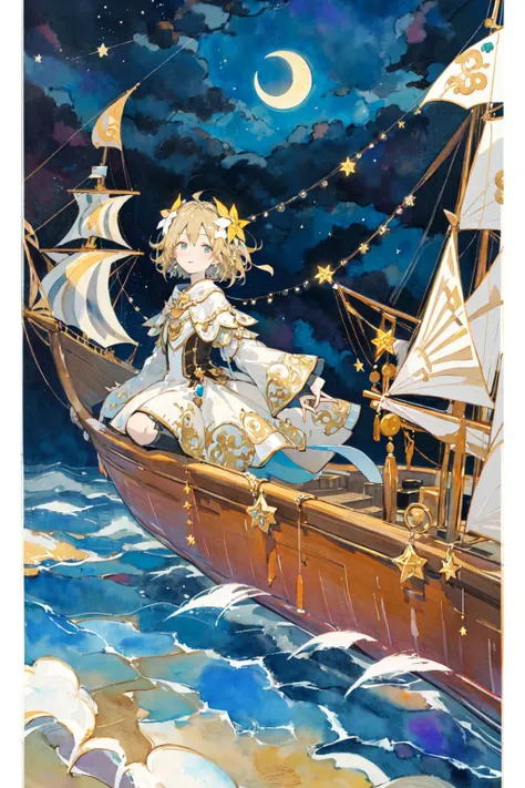 transparent, watercolor, impasto, fairy tale, 1girl, night, star river, half-moon-shaped boat,short hair, blonde hair, solo, dress, hair ornament, flower, hair flower, unreal,<lyco:takano_otohiko_nai_Lion_18e-4-29:1.0>