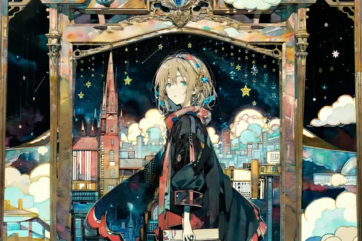 transparent, watercolor, impasto, fairy tale, 1girl, solo, 1girl, sky, blonde hair, short hair, mirror, gate, cloud, night, star (sky), starry sky, nature <lyco:takano_otohiko_nai_Lion_18e-4-29:1.2>