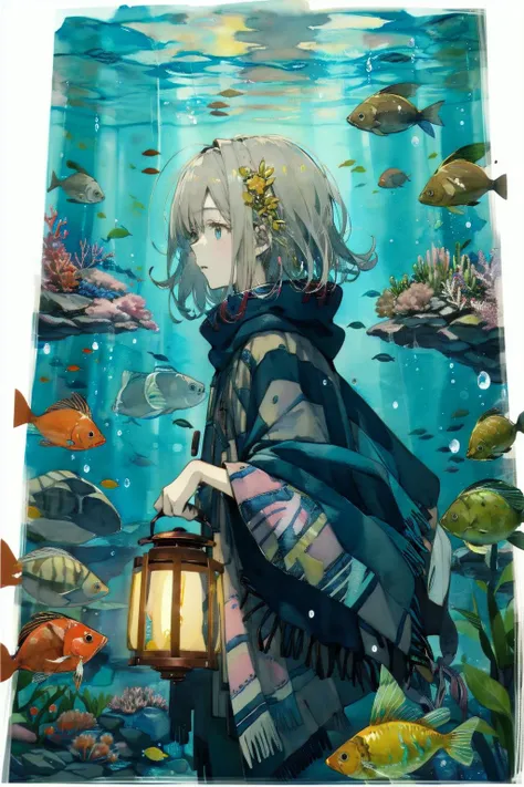 1girl, transparent,blue theme, watercolor, impasto, 1girl, solo, poncho, underwater, from side, short hair,holding lantern, tree, air bubble, golden fish, firefly,<lyco:takano_otohiko_nai_Lion_18e-4-29:1.0>