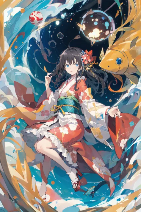 watercolor,1girl, japanese clothes, long hair, black hair, kimono, planet, blue eyes, fish, bubble, solo, red kimono, air bubble, earth (planet), surreal, hair ornament,<lyco:takano_otohiko_nai_Lion_18e-4-29:1>