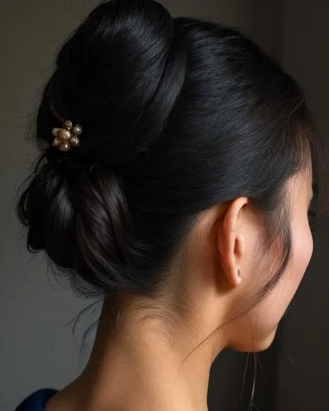 her nape, with a hairclip in her bun <lora:Hairbun_Clip:0.70> | 8k RAW photo, highest quality, best shadow, intricate details, interior, , muted colors, high contrast style, photography studio, minimal lighting, deep shadows, stark contrasts, dramatic highlights, bold color, | kyoto geisha
