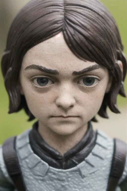 Award-winning photograph of a cute, miniature, smooth, glossy toy plastic model of Maisie Williams as Arya Stark. The focus is on the head and upper torso, capturing the adorable imperfections like scratches, dirt, and fingerprints. The tilt-shift macro photography adds a unique perspective to the scene. OverallDetail, intense subsurface scattering