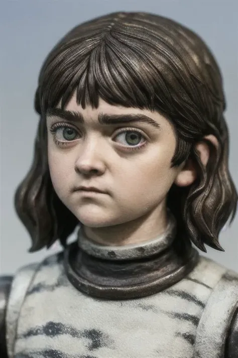 A close-up, hyper-realistic plastic miniature model of Maisie Williams as Arya Stark, capturing every imperfection, fingerprint, and scratch. Adorable and cute, with tilt-shift depth of field, emphasizing large eyes and thick eyebrows.