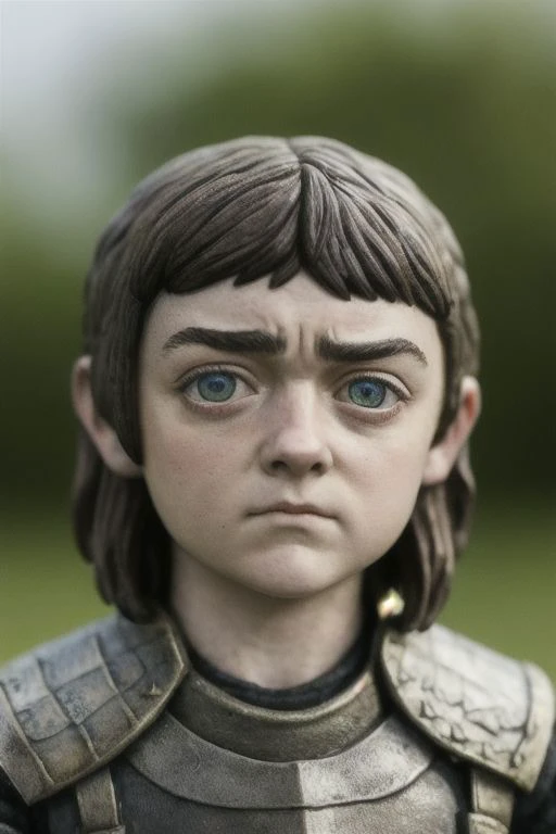 A close-up, hyper-realistic plastic miniature model of Maisie Williams as Arya Stark, capturing every imperfection, fingerprint, and scratch. Adorable and cute, with tilt-shift depth of field, emphasizing large eyes and thick eyebrows.