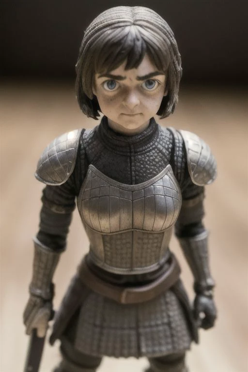 Award-winning photograph of a cute, miniature, smooth, glossy toy plastic model of Maisie Williams as Arya Stark. The focus is on the head and upper torso, capturing the adorable imperfections like scratches, dirt, and fingerprints. The tilt-shift macro photography adds a unique perspective to the scene. OverallDetail, intense subsurface scattering