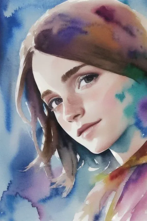 A stunning, award-winning watercolor painting of Emma Watson, capturing her elegance and grace. Vibrant colors, flowing brushstrokes, and a touch of whimsy bring this portrait to life.