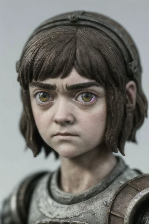 A close-up, hyper-realistic plastic miniature model of Maisie Williams as Arya Stark, capturing every imperfection, fingerprint, and scratch. Adorable and cute, with tilt-shift depth of field, emphasizing large eyes and thick eyebrows.