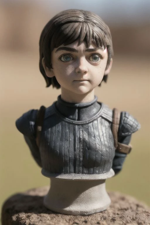 Award-winning photograph of a cute, miniature, smooth, glossy toy plastic model of Maisie Williams as Arya Stark. The focus is on the head and upper torso, capturing the adorable imperfections like scratches, dirt, and fingerprints. The tilt-shift macro photography adds a unique perspective to the scene. OverallDetail, intense subsurface scattering