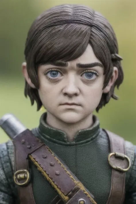 A close-up, hyper-realistic plastic miniature model of Maisie Williams as Arya Stark, capturing every imperfection, fingerprint, and scratch. Adorable and cute, with tilt-shift depth of field, emphasizing large eyes and thick eyebrows.