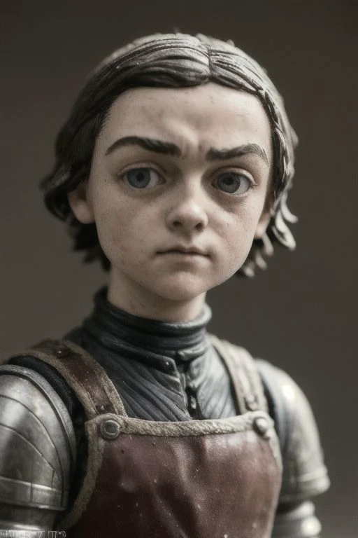 Award-winning photograph of a cute, miniature, smooth, glossy toy plastic model of Maisie Williams as Arya Stark. The focus is on the head and upper torso, capturing the adorable imperfections like scratches, dirt, and fingerprints. The tilt-shift macro photography adds a unique perspective to the scene. OverallDetail, intense subsurface scattering