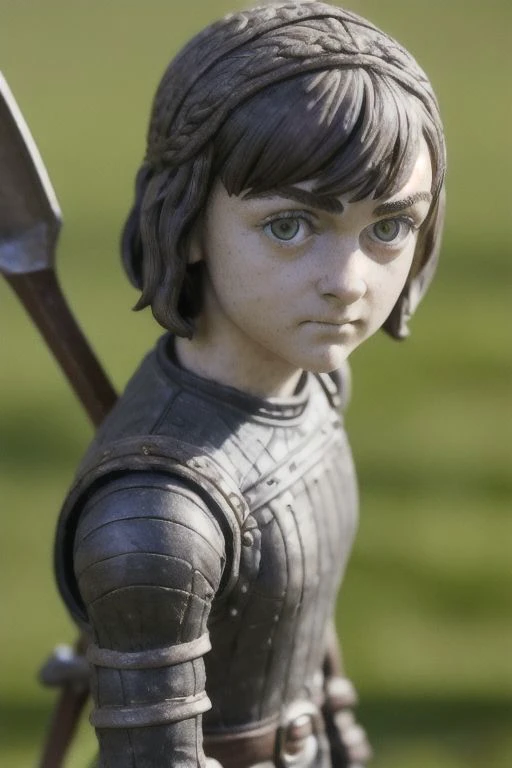 Award-winning photograph of a cute, miniature, smooth, glossy toy plastic model of Maisie Williams as Arya Stark. The focus is on the head and upper torso, capturing the adorable imperfections like scratches, dirt, and fingerprints. The tilt-shift macro photography adds a unique perspective to the scene. OverallDetail, subsurface scattering