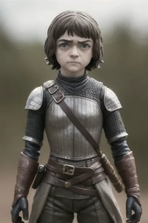 Award-winning photograph of a cute, miniature, smooth, glossy toy plastic model of Maisie Williams as Arya Stark. The focus is on the head and upper torso, capturing the adorable imperfections like scratches, dirt, and fingerprints. The tilt-shift macro photography adds a unique perspective to the scene. OverallDetail, intense subsurface scattering