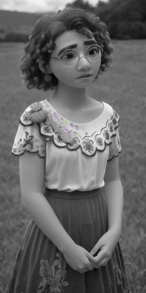 (human-counterpart, old-worn-out-monochrome-vintage-photo-style, 1860-era) young-adult-woman, countryside, summer, <lora:Mirabel Madrigal_v1:1> mirabel madrigal, green glasses, blurry-and-grainy